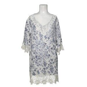 Marina Gigli Italy Linen Long Tunic Top Mini Dress Size L Crotchet Lace Cottage